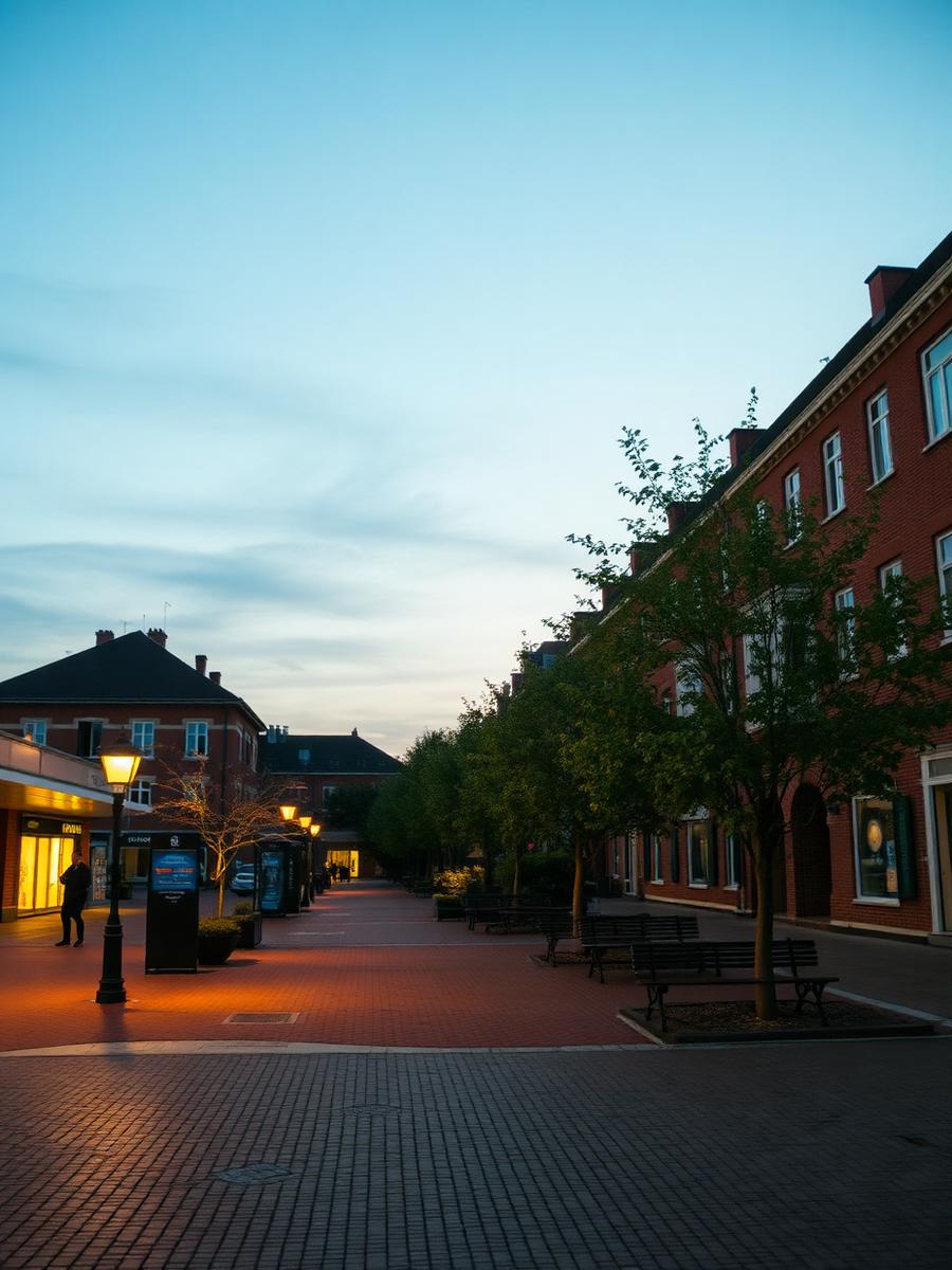 Ruhiger Platz in Hamburg-Niendorf am Abend – Backsteinbauten und warme Straßenbeleuchtung.