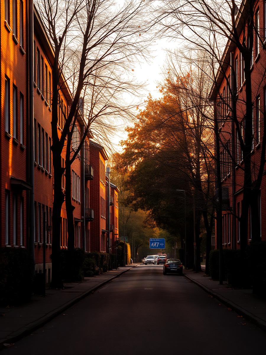 Ruhige Backsteinstraße in Hamburg-Schnelsen im goldenen Abendlicht.