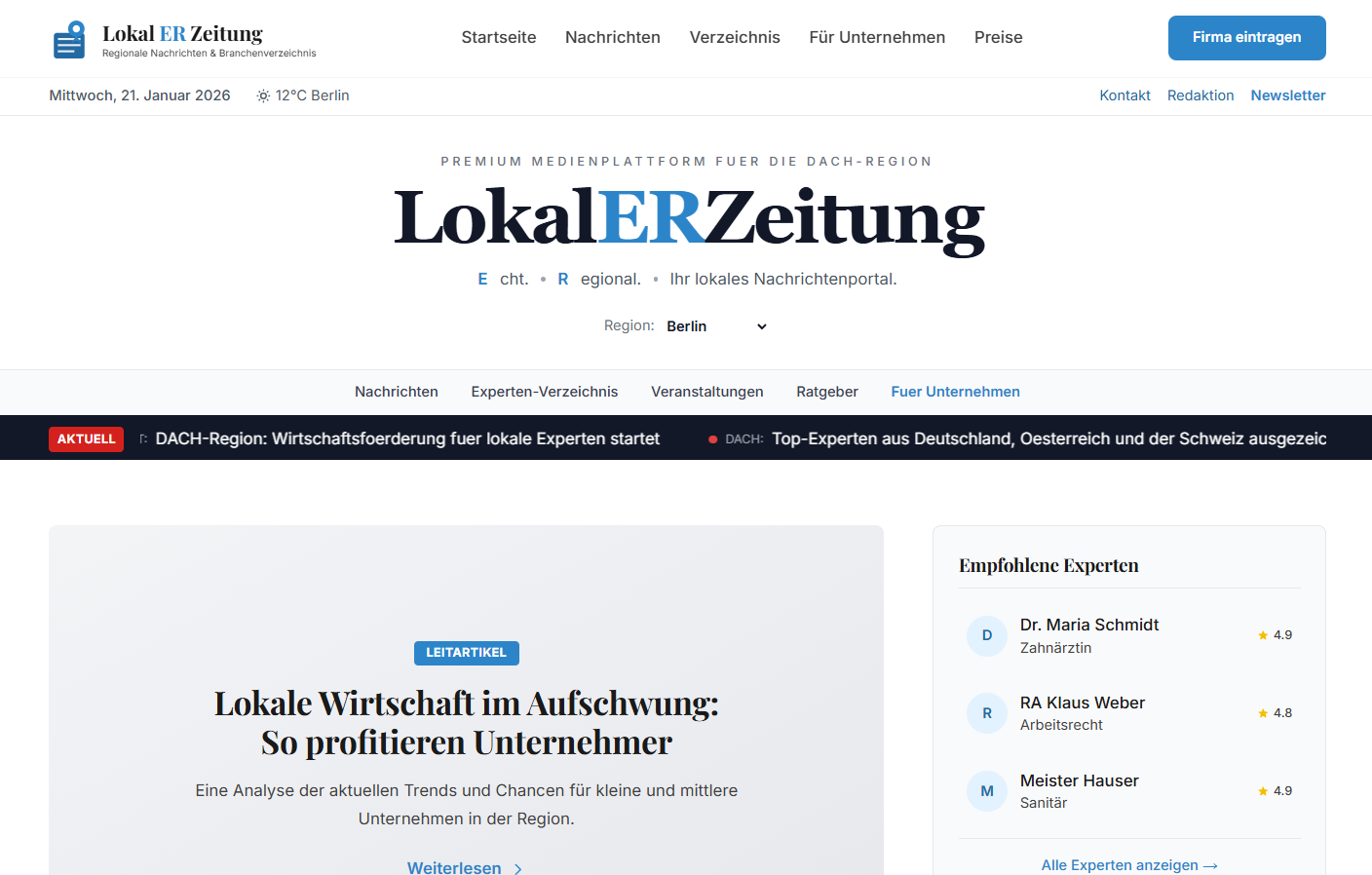 Capture d'écran du projet: Lokal ER Zeitung – Médias & RP
